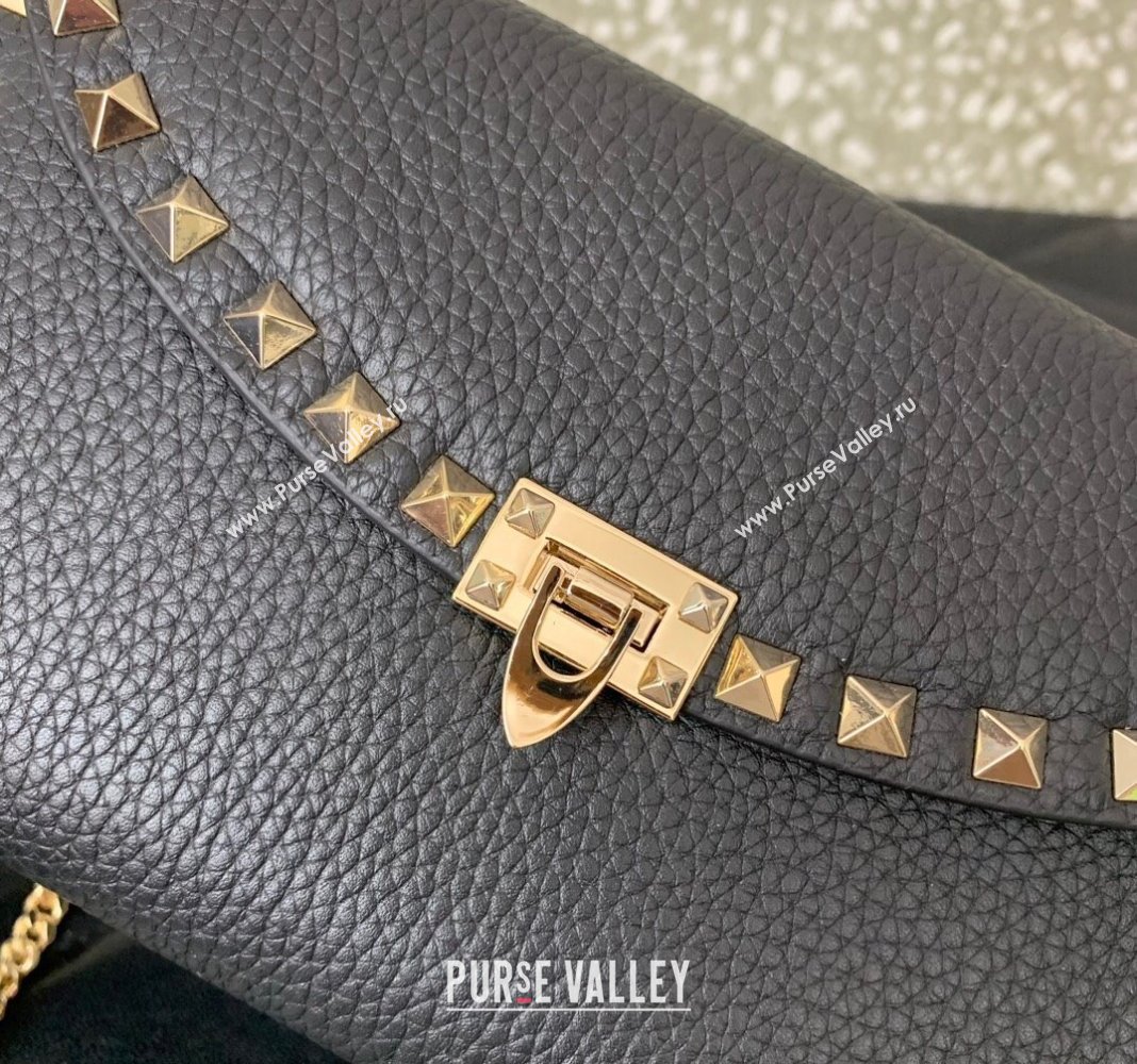 Valentino Rockstud Wallet with Chain in Grainy Calfskin Black 2024 059 (LN-240220064)