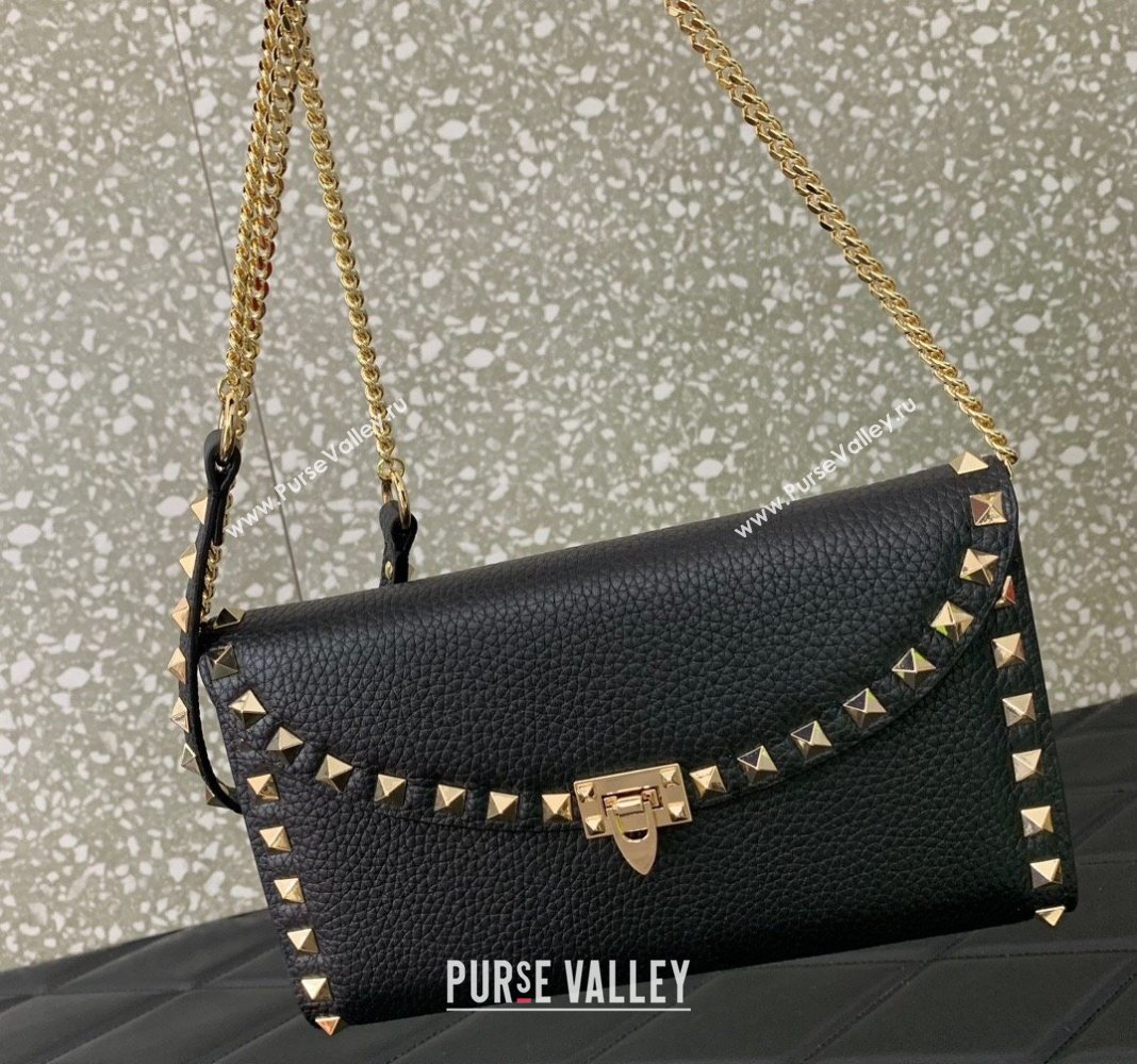 Valentino Rockstud Wallet with Chain in Grainy Calfskin Black 2024 059 (LN-240220064)