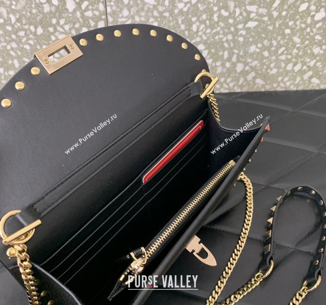 Valentino Rockstud Wallet with Chain in Grainy Calfskin Black 2024 059 (LN-240220064)