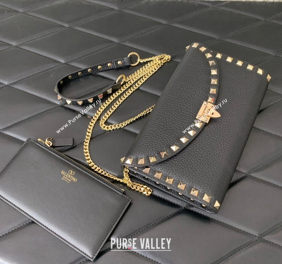 Valentino Rockstud Wallet with Chain in Grainy Calfskin Black 2024 059 (LN-240220064)