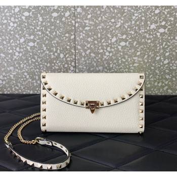 Valentino Rockstud Wallet with Chain in Grainy Calfskin White 2024 059 (LN-240220065)