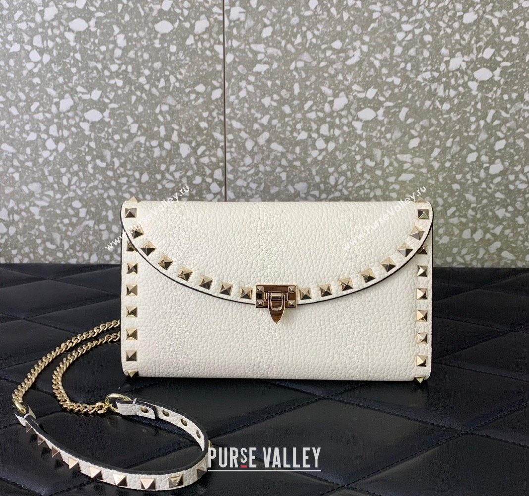 Valentino Rockstud Wallet with Chain in Grainy Calfskin White 2024 059 (LN-240220065)