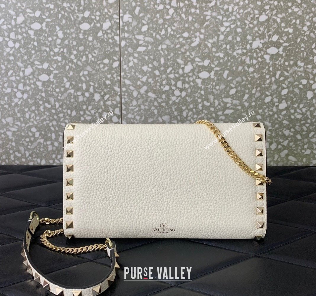 Valentino Rockstud Wallet with Chain in Grainy Calfskin White 2024 059 (LN-240220065)