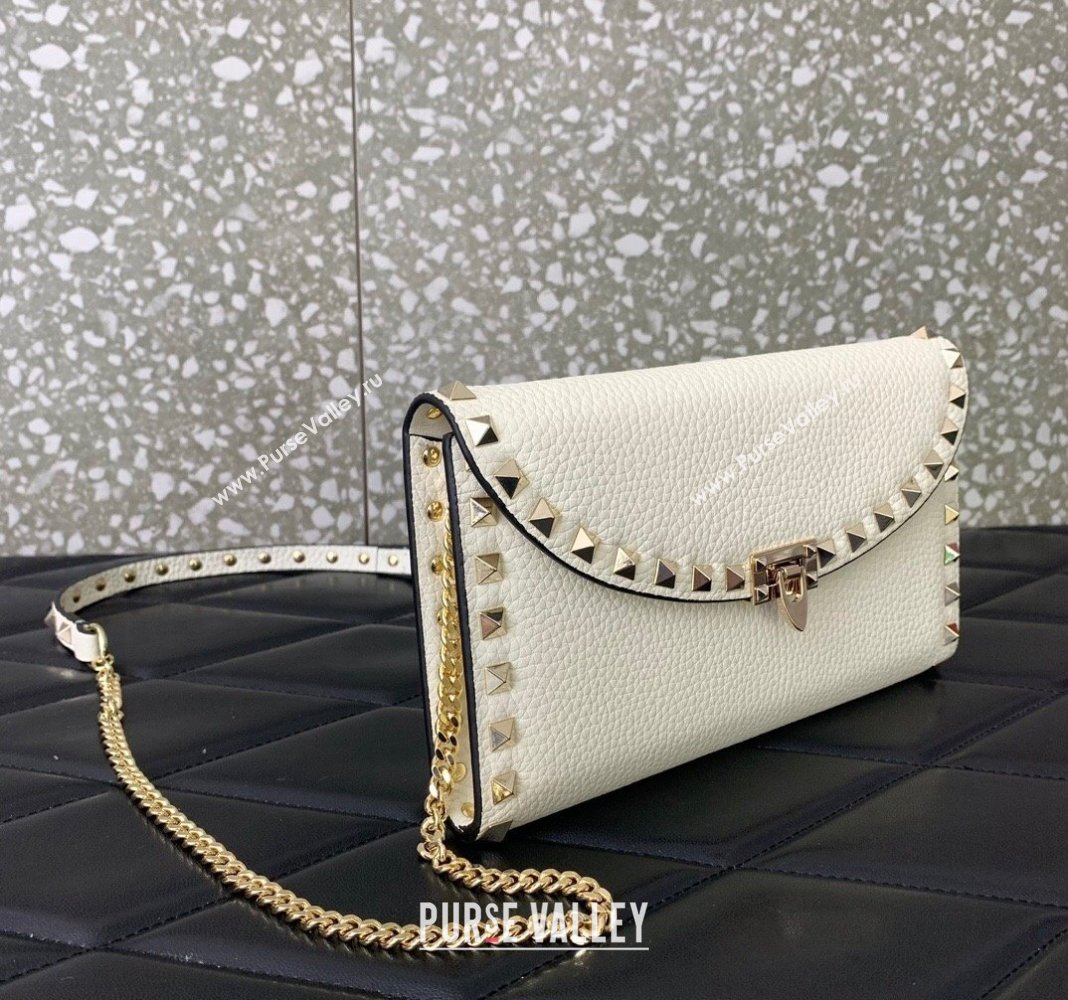 Valentino Rockstud Wallet with Chain in Grainy Calfskin White 2024 059 (LN-240220065)