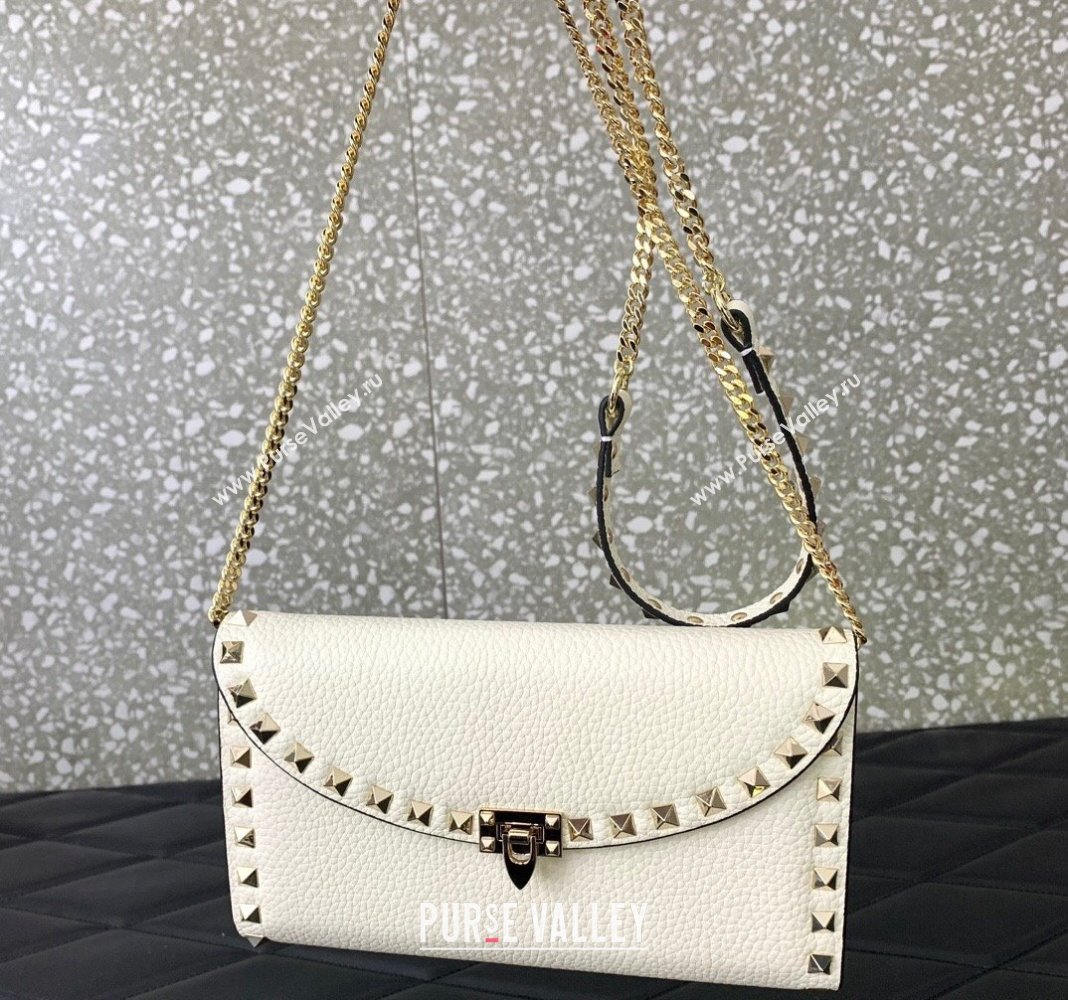 Valentino Rockstud Wallet with Chain in Grainy Calfskin White 2024 059 (LN-240220065)