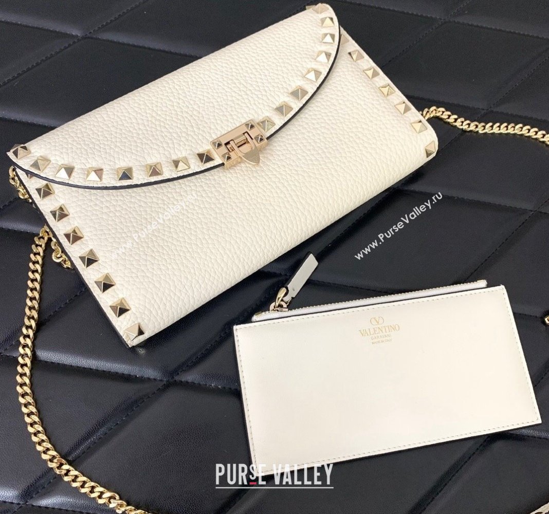 Valentino Rockstud Wallet with Chain in Grainy Calfskin White 2024 059 (LN-240220065)