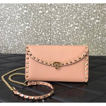 Valentino Rockstud Wallet with Chain in Grainy Calfskin Light Pink 2024 059 (LN-240220066)