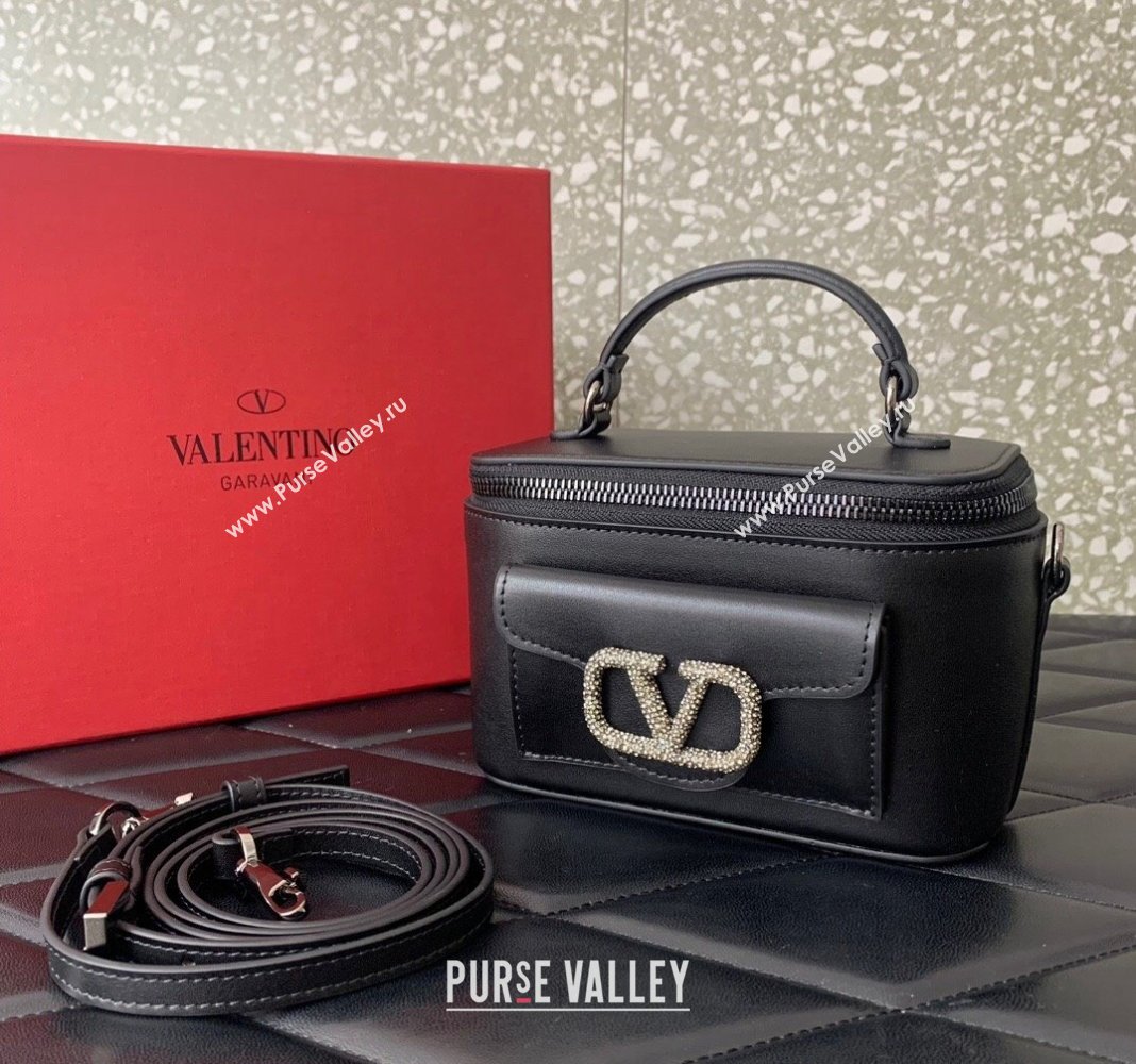 Valentino Mini Loco Calfskin Handbag with Jewel Crystals Logo Black 2024 5026 (LN-240220052)