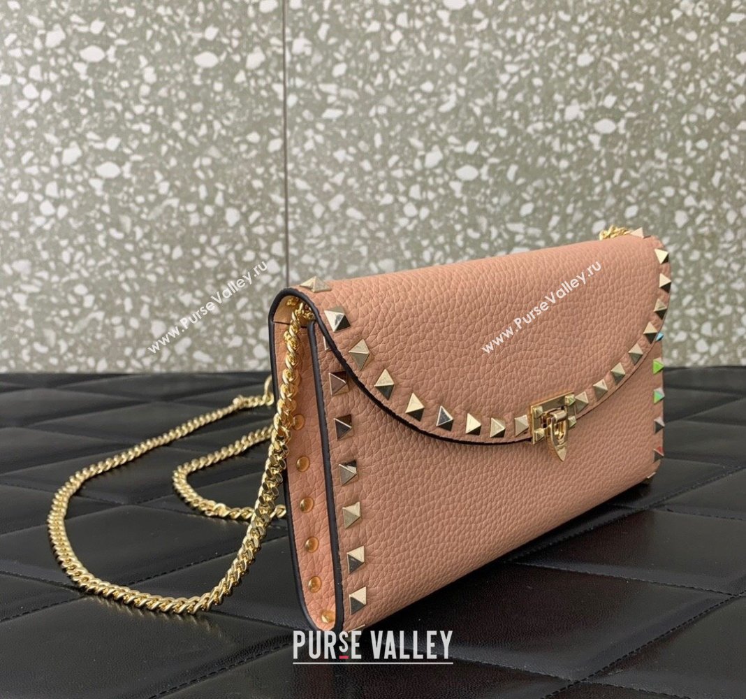 Valentino Rockstud Wallet with Chain in Grainy Calfskin Light Pink 2024 059 (LN-240220066)