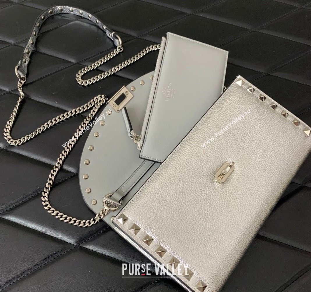 Valentino Rockstud Wallet with Chain in Metallic Grainy Calfskin Silver 2024 059 (LN-240220067)