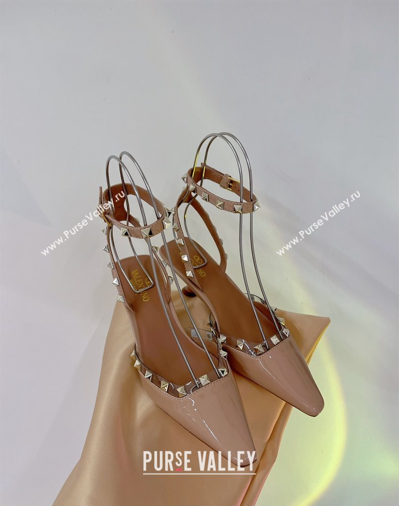Valentino Roman Stud Open Pumps 5.8cm with Ankle Strap in Patent Leather Nude 2024 0227 (ZN-240227029)