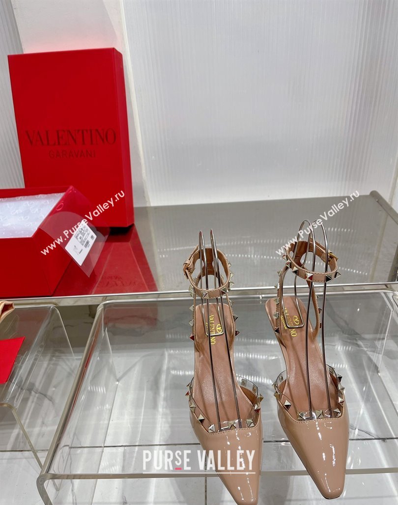 Valentino Roman Stud Open Pumps 5.8cm with Ankle Strap in Patent Leather Nude 2024 0227 (ZN-240227029)