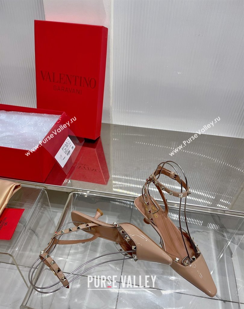 Valentino Roman Stud Open Pumps 5.8cm with Ankle Strap in Patent Leather Nude 2024 0227 (ZN-240227029)