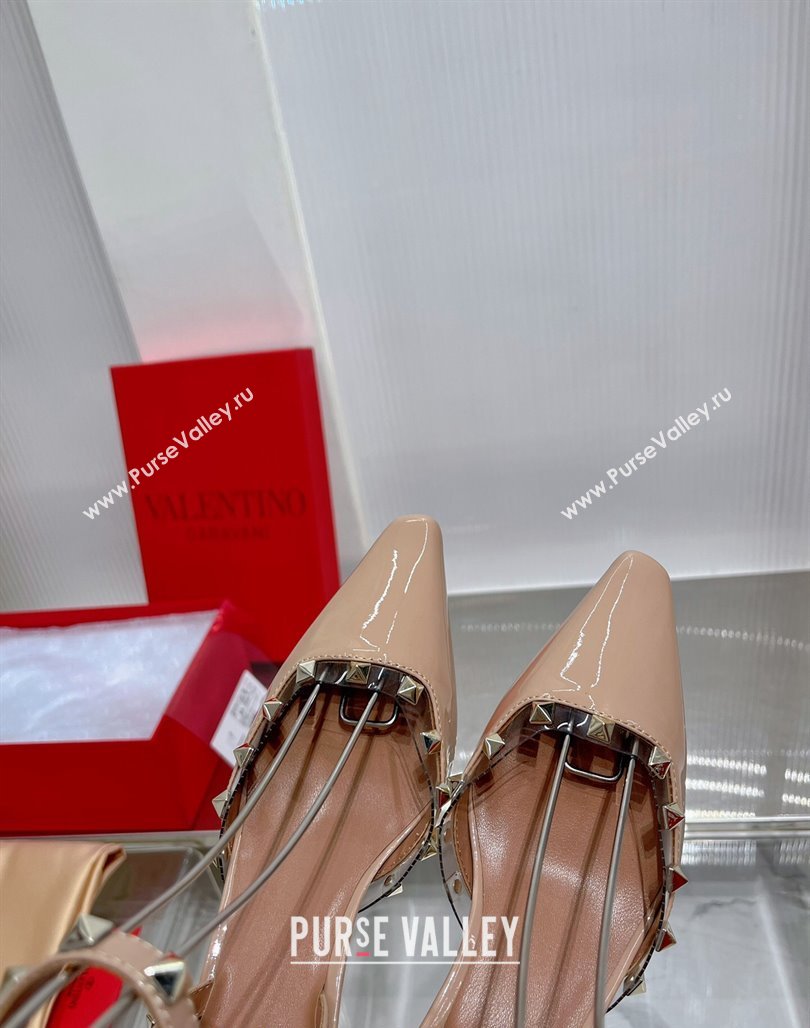 Valentino Roman Stud Open Pumps 5.8cm with Ankle Strap in Patent Leather Nude 2024 0227 (ZN-240227029)
