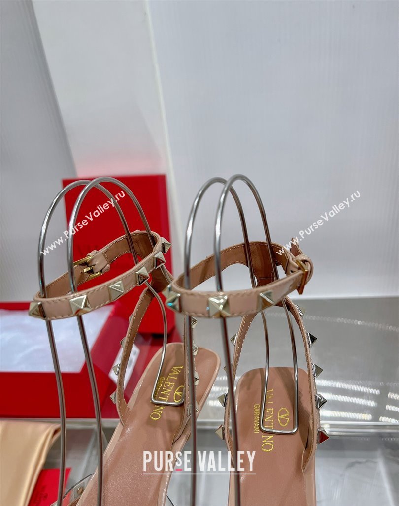 Valentino Roman Stud Open Pumps 5.8cm with Ankle Strap in Patent Leather Nude 2024 0227 (ZN-240227029)