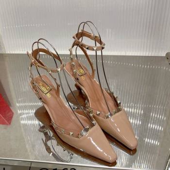 Valentino Roman Stud Open Pumps 5.8cm with Ankle Strap in Patent Leather Nude 2024 0227 (ZN-240227029)