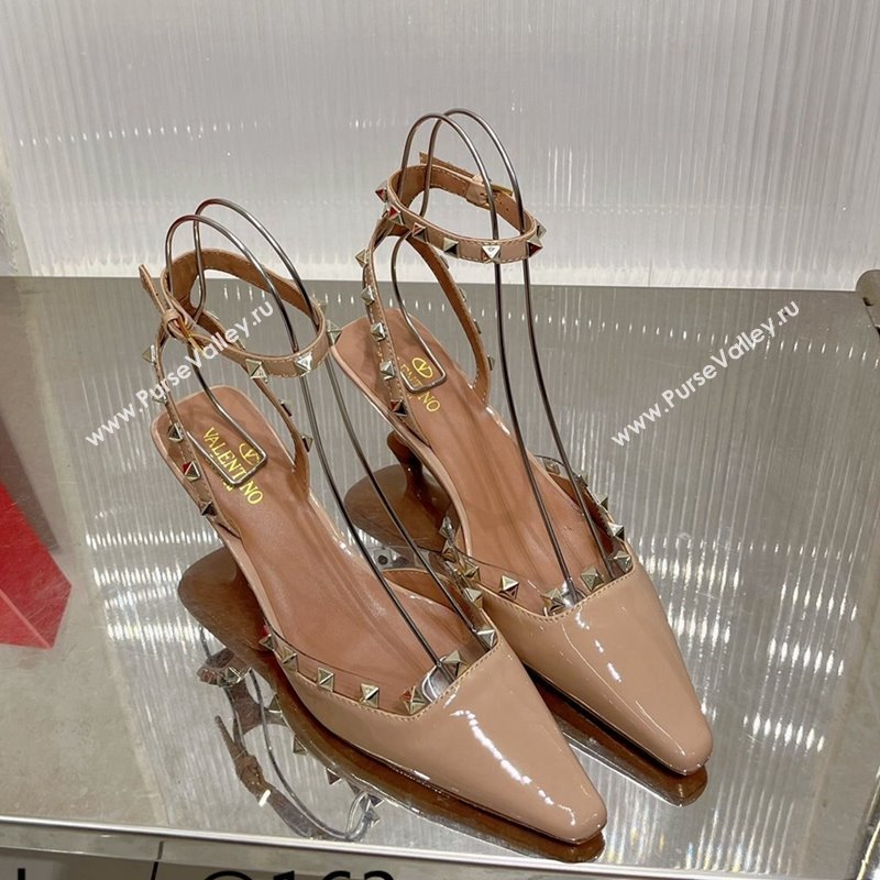 Valentino Roman Stud Open Pumps 5.8cm with Ankle Strap in Patent Leather Nude 2024 0227 (ZN-240227029)