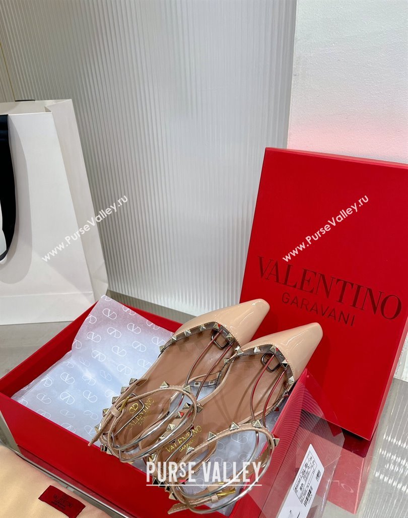 Valentino Roman Stud Open Pumps 5.8cm with Ankle Strap in Patent Leather Nude 2024 0227 (ZN-240227029)