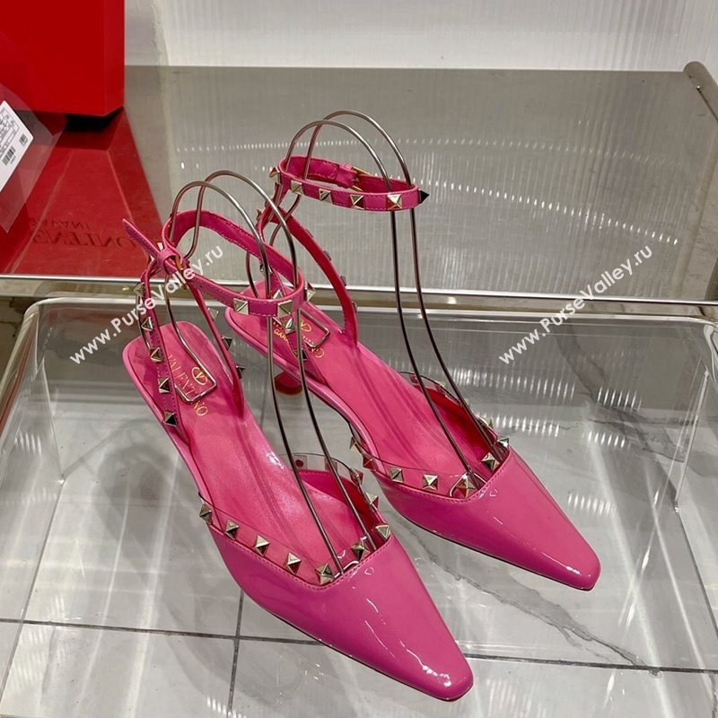 Valentino Roman Stud Open Pumps 5.8cm with Ankle Strap in Patent Leather Pink 2024 0227 (ZN-240227030)