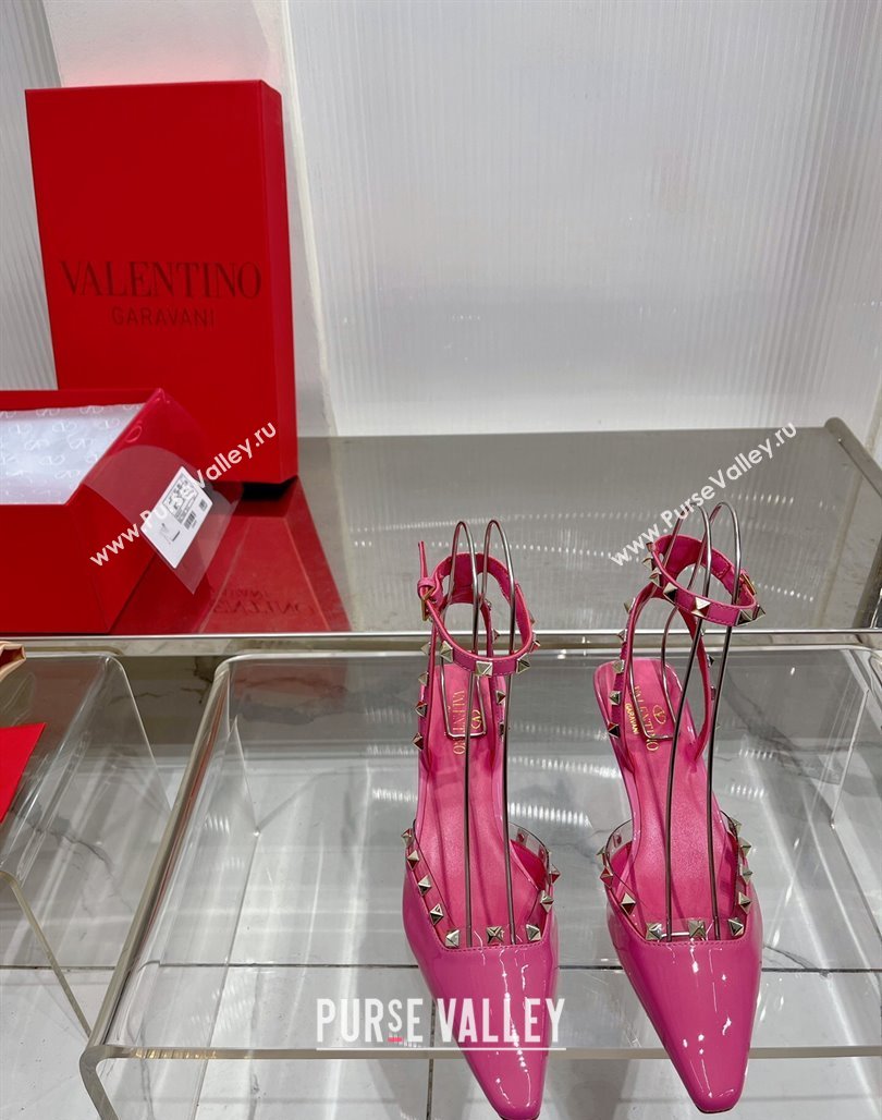 Valentino Roman Stud Open Pumps 5.8cm with Ankle Strap in Patent Leather Pink 2024 0227 (ZN-240227030)