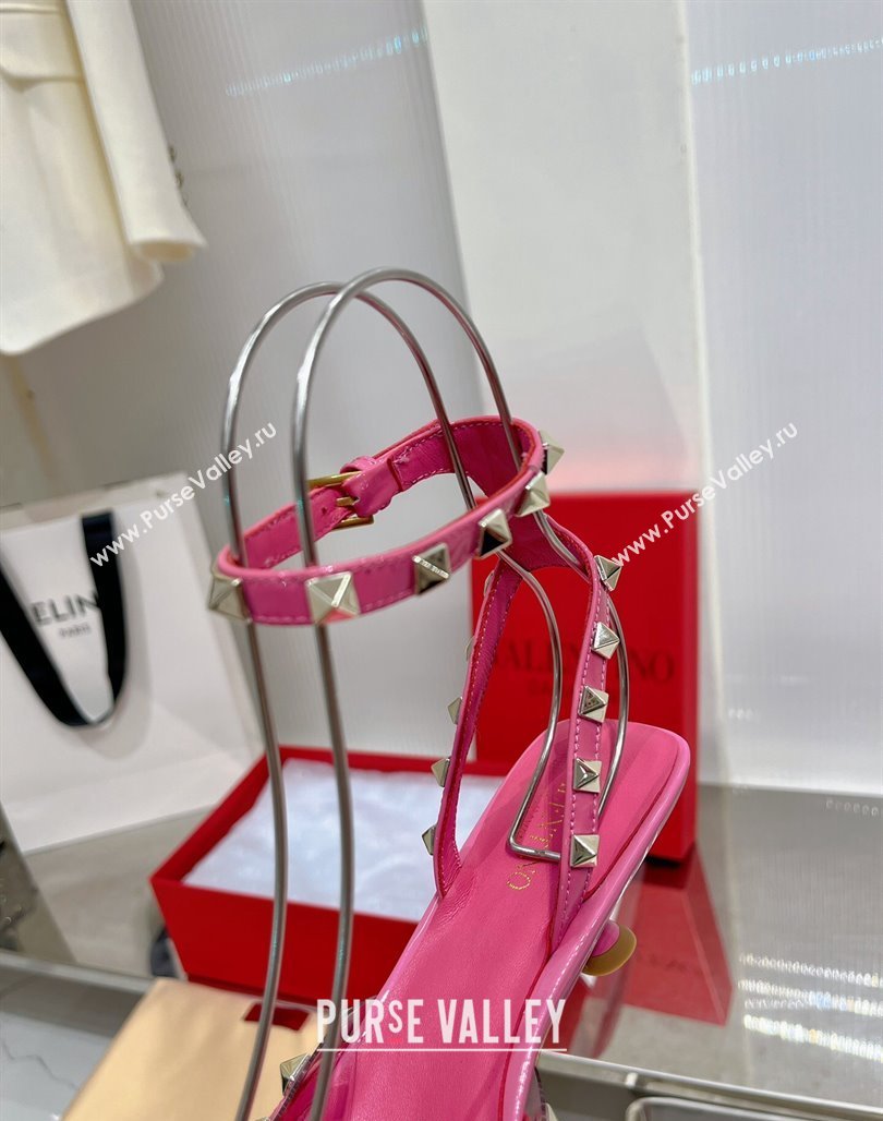 Valentino Roman Stud Open Pumps 5.8cm with Ankle Strap in Patent Leather Pink 2024 0227 (ZN-240227030)