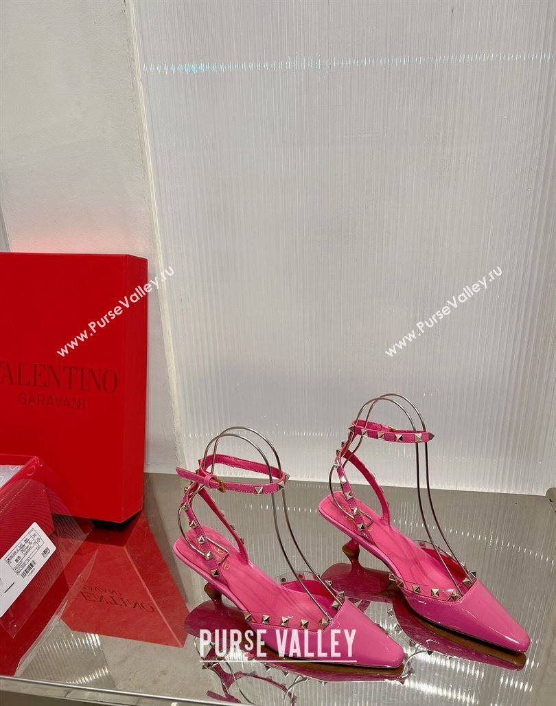 Valentino Roman Stud Open Pumps 5.8cm with Ankle Strap in Patent Leather Pink 2024 0227 (ZN-240227030)