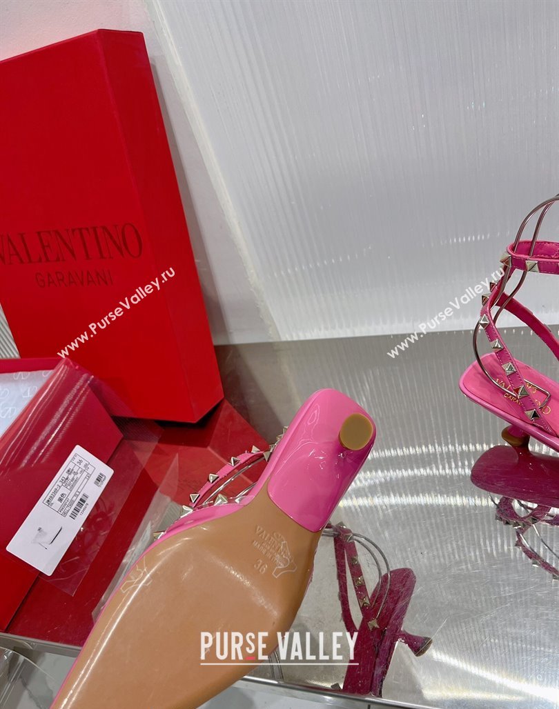 Valentino Roman Stud Open Pumps 5.8cm with Ankle Strap in Patent Leather Pink 2024 0227 (ZN-240227030)