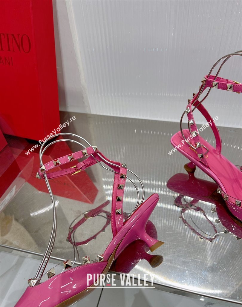 Valentino Roman Stud Open Pumps 5.8cm with Ankle Strap in Patent Leather Pink 2024 0227 (ZN-240227030)