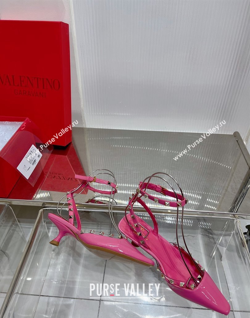 Valentino Roman Stud Open Pumps 5.8cm with Ankle Strap in Patent Leather Pink 2024 0227 (ZN-240227030)