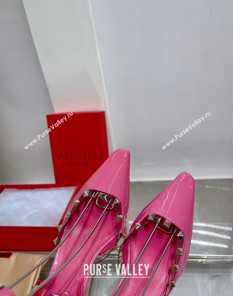 Valentino Roman Stud Open Pumps 5.8cm with Ankle Strap in Patent Leather Pink 2024 0227 (ZN-240227030)