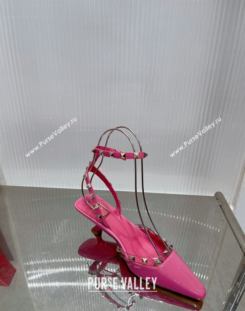 Valentino Roman Stud Open Pumps 5.8cm with Ankle Strap in Patent Leather Pink 2024 0227 (ZN-240227030)