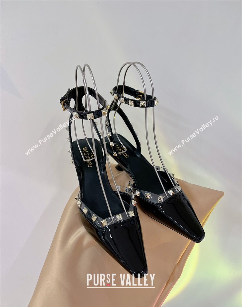 Valentino Roman Stud Open Pumps 5.8cm with Ankle Strap in Patent Leather Black 2024 0227 (ZN-240227031)
