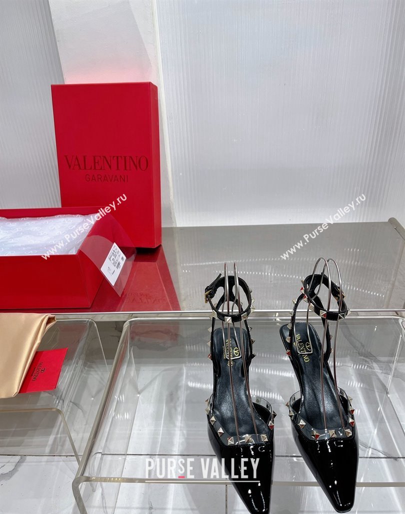 Valentino Roman Stud Open Pumps 5.8cm with Ankle Strap in Patent Leather Black 2024 0227 (ZN-240227031)