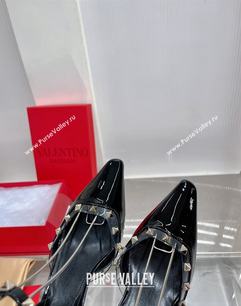 Valentino Roman Stud Open Pumps 5.8cm with Ankle Strap in Patent Leather Black 2024 0227 (ZN-240227031)