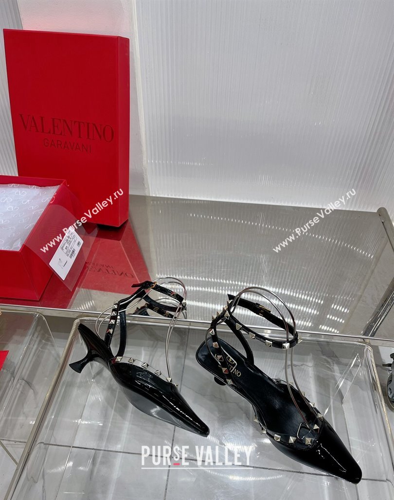 Valentino Roman Stud Open Pumps 5.8cm with Ankle Strap in Patent Leather Black 2024 0227 (ZN-240227031)