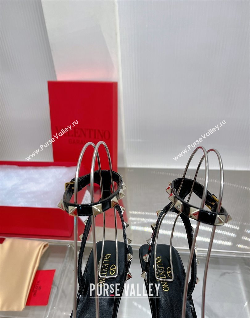 Valentino Roman Stud Open Pumps 5.8cm with Ankle Strap in Patent Leather Black 2024 0227 (ZN-240227031)