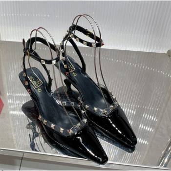 Valentino Roman Stud Open Pumps 5.8cm with Ankle Strap in Patent Leather Black 2024 0227 (ZN-240227031)