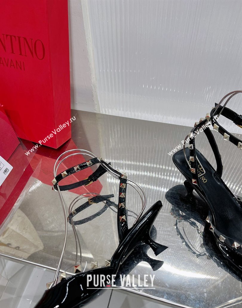 Valentino Roman Stud Open Pumps 5.8cm with Ankle Strap in Patent Leather Black 2024 0227 (ZN-240227031)