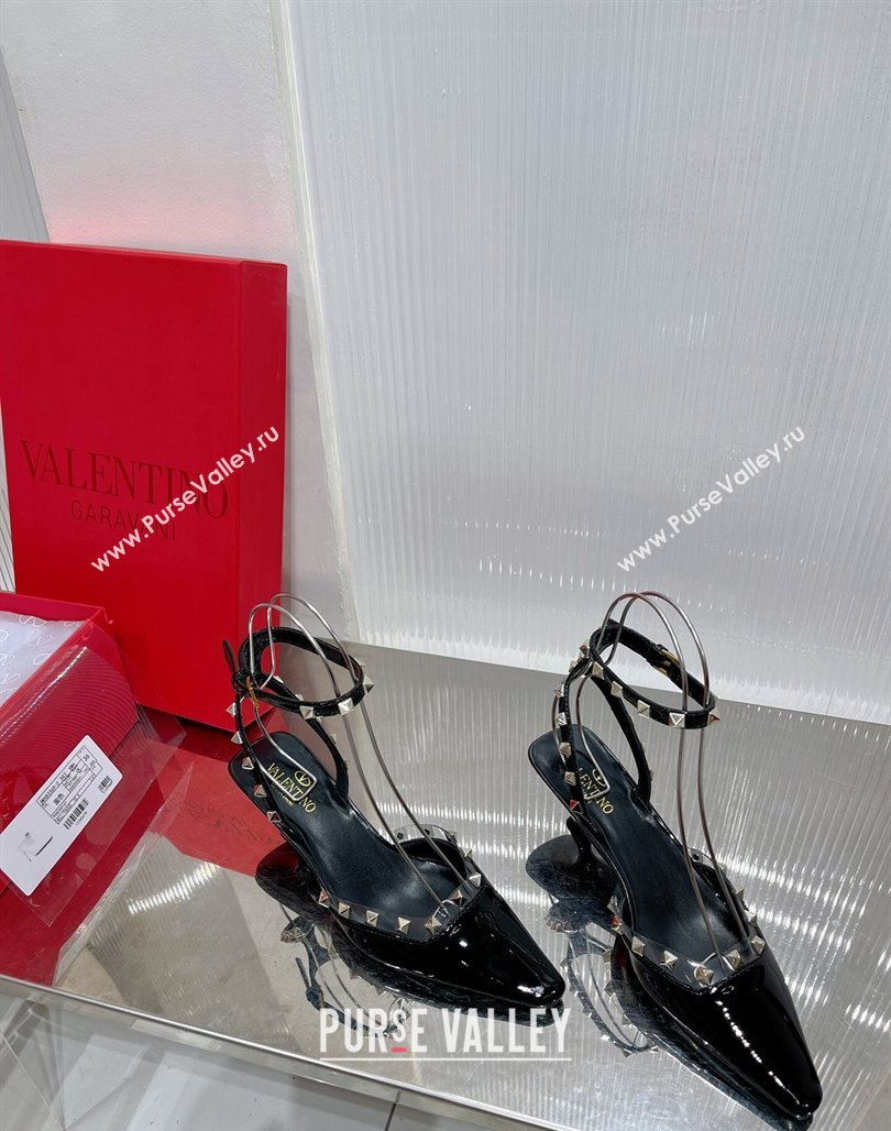 Valentino Roman Stud Open Pumps 5.8cm with Ankle Strap in Patent Leather Black 2024 0227 (ZN-240227031)