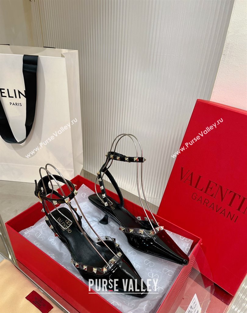 Valentino Roman Stud Open Pumps 5.8cm with Ankle Strap in Patent Leather Black 2024 0227 (ZN-240227031)