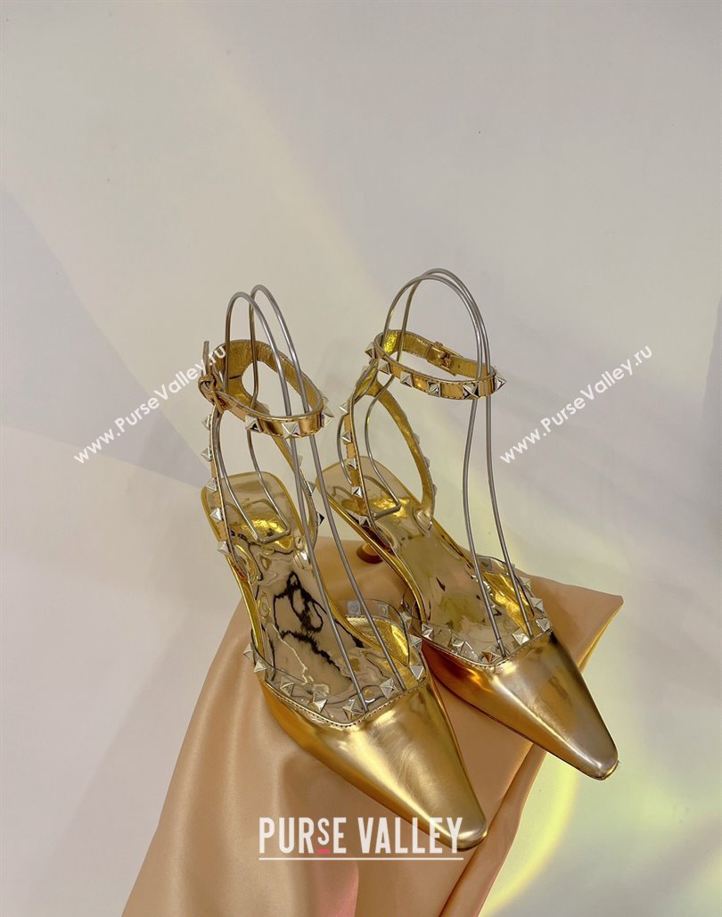 Valentino Roman Stud Open Pumps 5.8cm with Ankle Strap in Glazed Metallic Leather Black 2024 0227 (ZN-240227032)