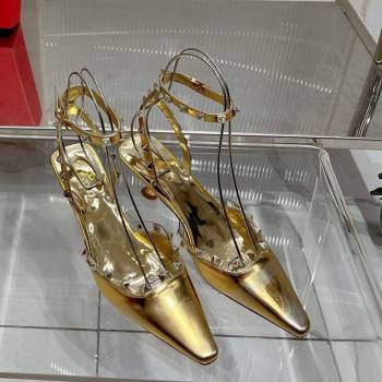 Valentino Roman Stud Open Pumps 5.8cm with Ankle Strap in Glazed Metallic Leather Black 2024 0227 (ZN-240227032)