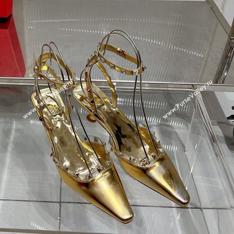 Valentino Roman Stud Open Pumps 5.8cm with Ankle Strap in Glazed Metallic Leather Black 2024 0227 (ZN-240227032)