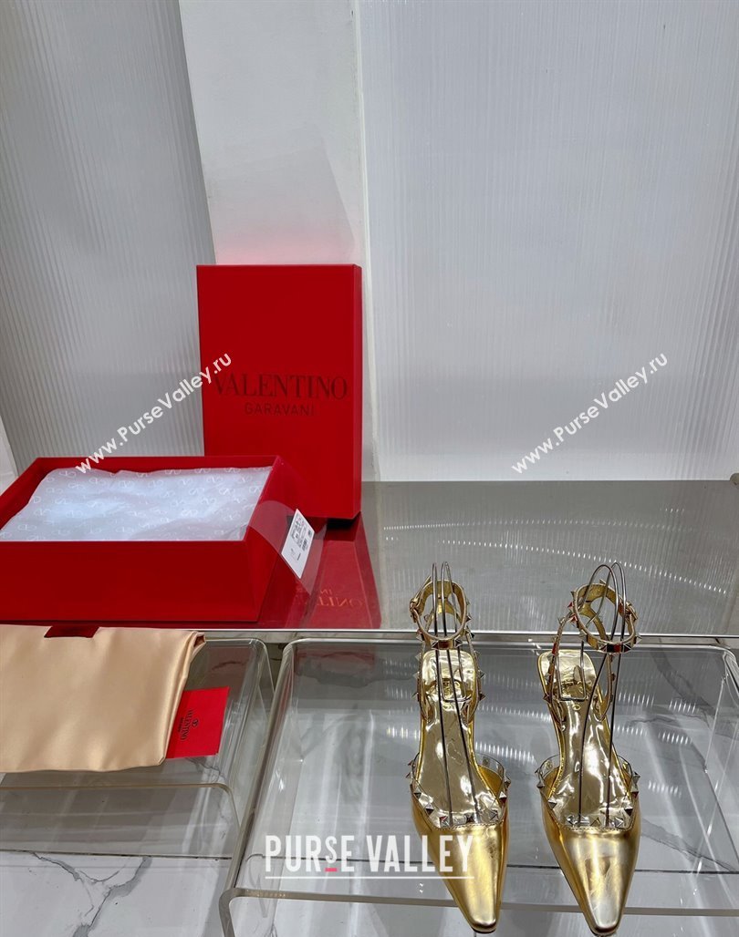 Valentino Roman Stud Open Pumps 5.8cm with Ankle Strap in Glazed Metallic Leather Black 2024 0227 (ZN-240227032)