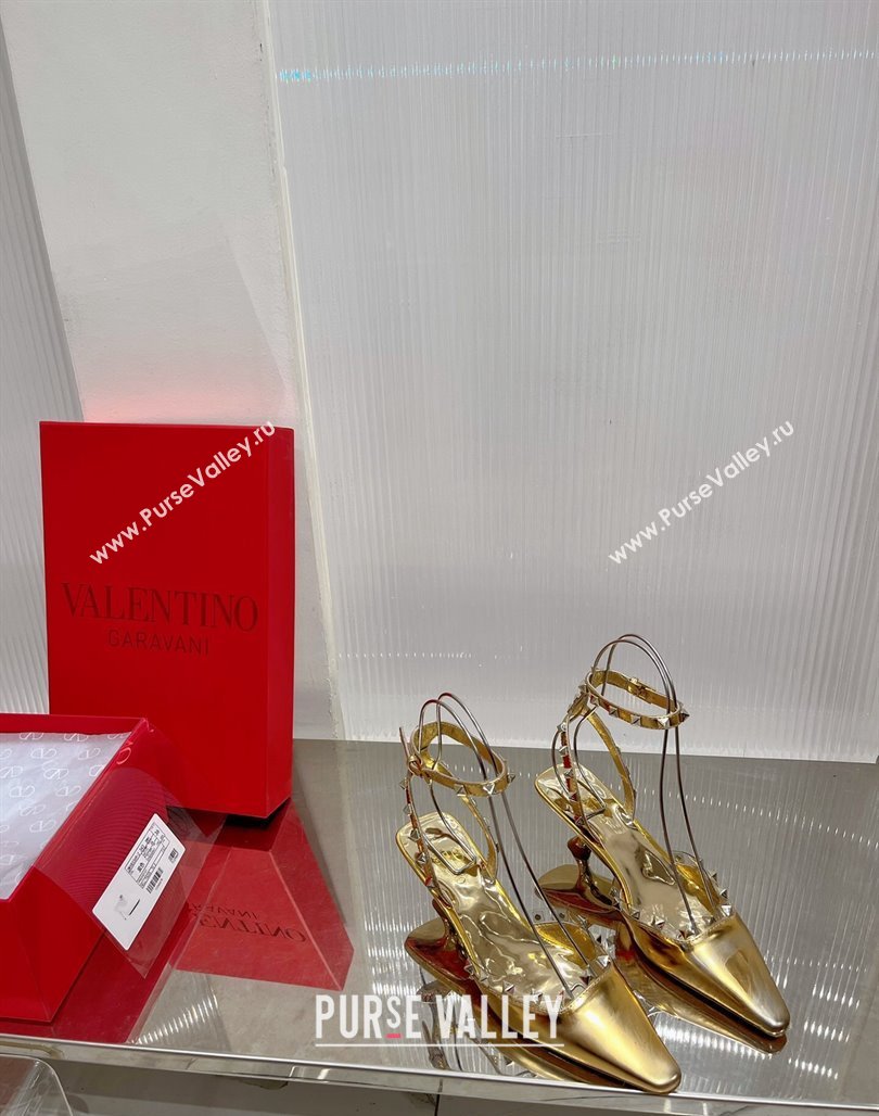 Valentino Roman Stud Open Pumps 5.8cm with Ankle Strap in Glazed Metallic Leather Black 2024 0227 (ZN-240227032)