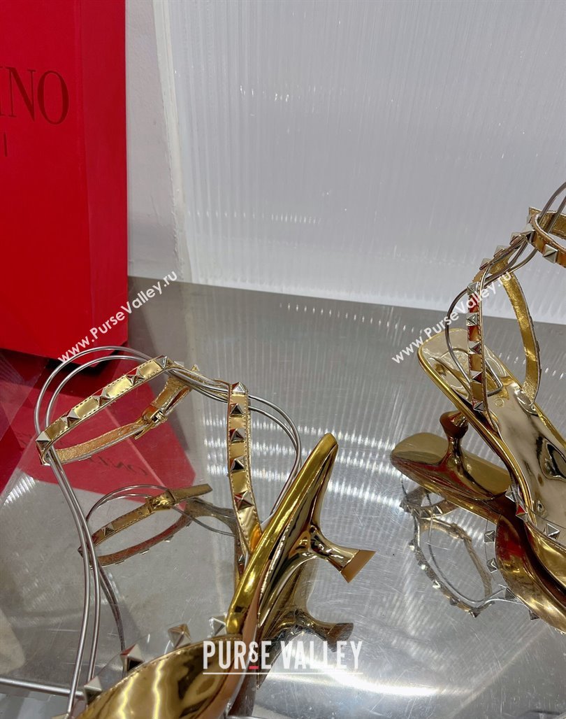 Valentino Roman Stud Open Pumps 5.8cm with Ankle Strap in Glazed Metallic Leather Black 2024 0227 (ZN-240227032)