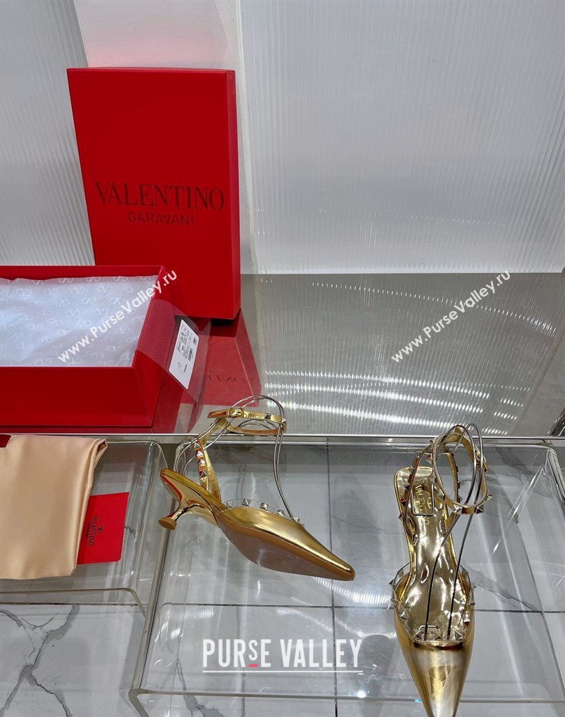 Valentino Roman Stud Open Pumps 5.8cm with Ankle Strap in Glazed Metallic Leather Black 2024 0227 (ZN-240227032)