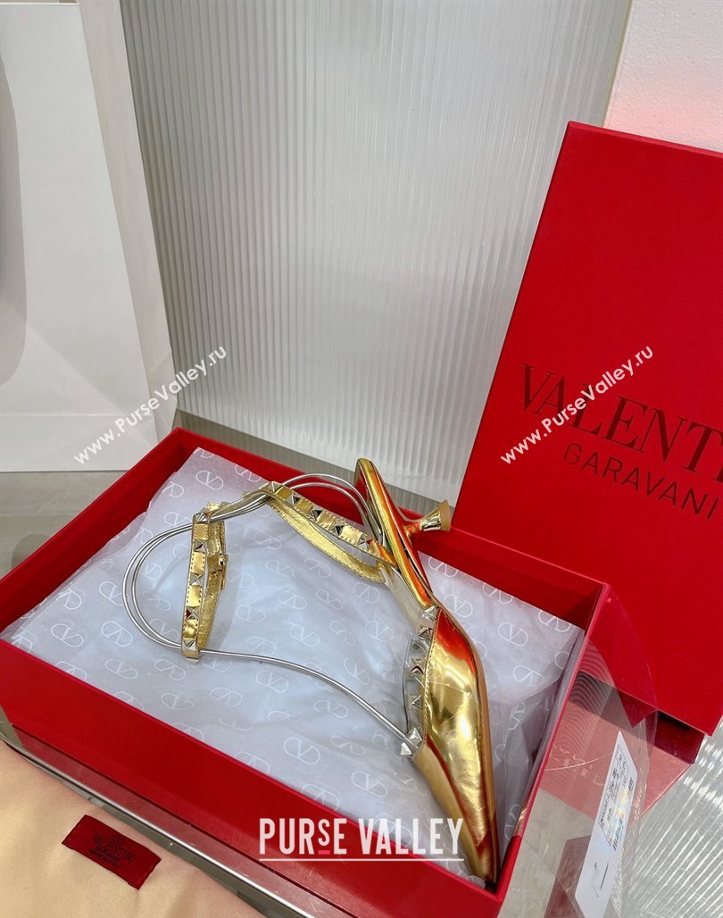 Valentino Roman Stud Open Pumps 5.8cm with Ankle Strap in Glazed Metallic Leather Black 2024 0227 (ZN-240227032)