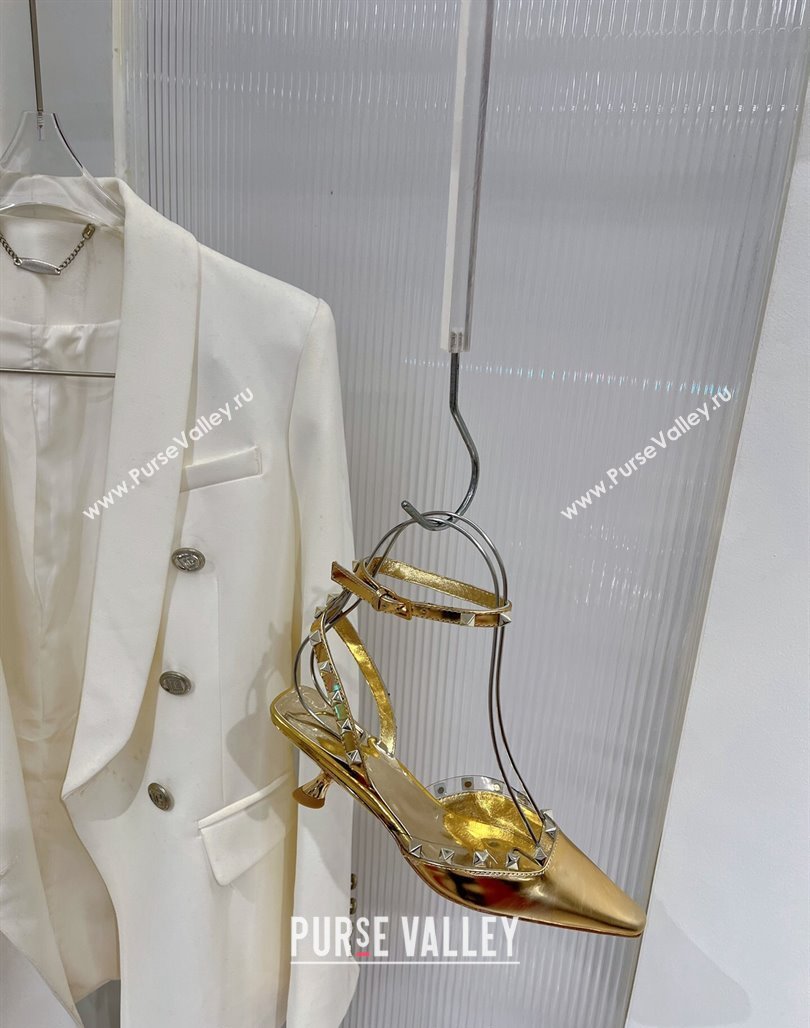 Valentino Roman Stud Open Pumps 5.8cm with Ankle Strap in Glazed Metallic Leather Black 2024 0227 (ZN-240227032)