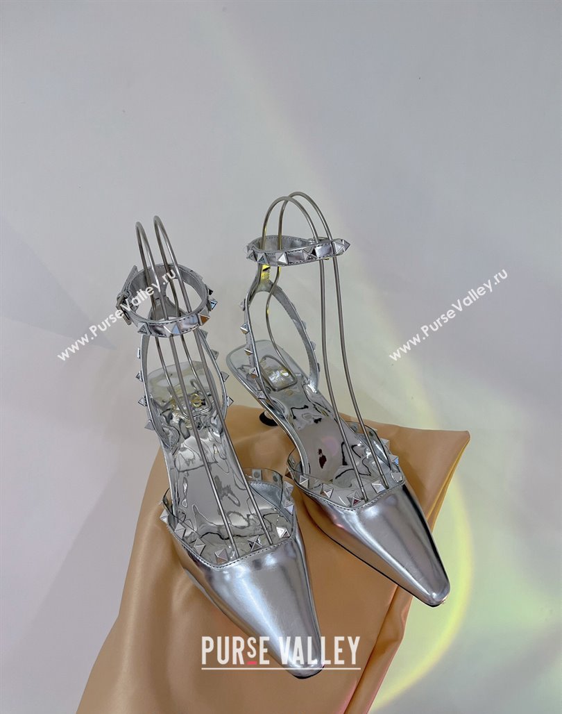 Valentino Roman Stud Open Pumps 5.8cm with Ankle Strap in Glazed Metallic Leather Silver 2024 0227 (ZN-240227033)
